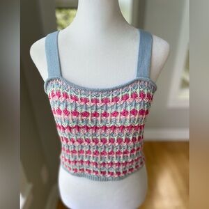 Lulus Blue Pink White Striped Crochet Knit Lace Up Back Cropped Tank Top Medium